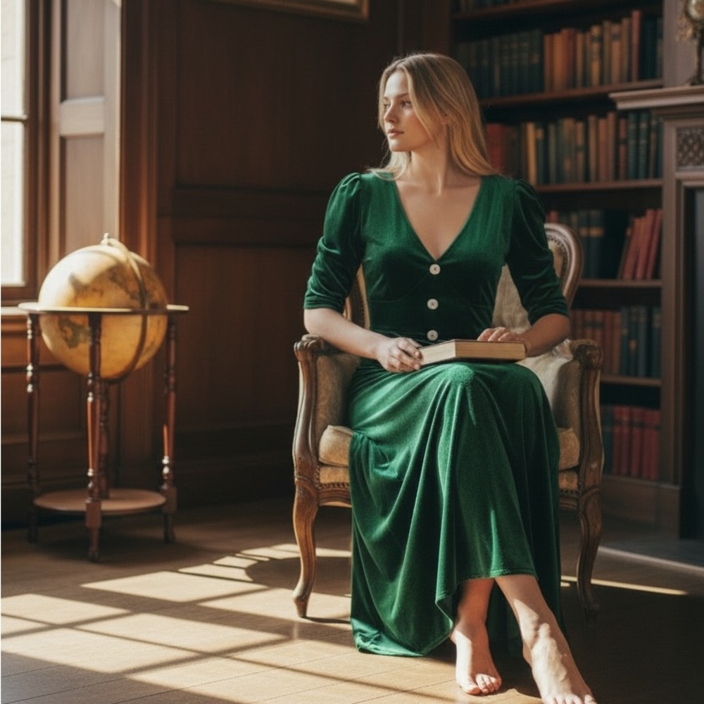 Elegant Green Velvet Dress New